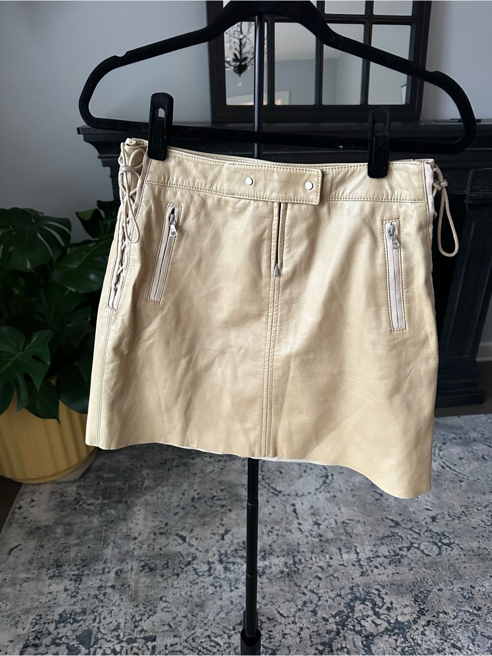 Elie Tahari Cream Leather Mini Skirt with Lace-Up Sides